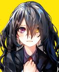  black_hair blush hair_between_eyes hair_over_one_eye hands_clasped heterochromia highres long_hair maido_mido necktie original own_hands_together red_eyes solo suit_jacket tearing_up wavy_mouth yellow_background yellow_eyes 