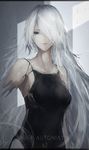  black_leotard blue_eyes breasts character_name closed_mouth commentary_request copyright_name damaged expressionless grey_hair hair_over_one_eye highres leotard long_hair looking_at_viewer marumoru medium_breasts nier_(series) nier_automata parts_exposed solo upper_body very_long_hair yorha_type_a_no._2 