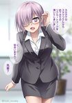  alternate_costume black_jacket blouse blurry blurry_background blush breasts cleavage collarbone cowboy_shot eyebrows_visible_through_hair fate/grand_order fate_(series) glasses hair_over_one_eye hand_in_hair indoors itsuki_sayaka jacket large_breasts long_sleeves looking_at_viewer mash_kyrielight office office_lady open_blouse open_clothes open_mouth pantyhose pencil_skirt pink_hair purple_eyes sheer_legwear skirt solo translation_request twitter_username white_blouse 