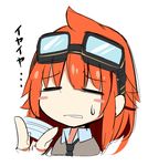  =_= amano_tora bangs blush_stickers chibi closed_eyes eyebrows_visible_through_hair goggles goggles_on_head kazenoko messy_hair orange_hair original simple_background sketch solo sweatdrop translated upper_body waving_arm white_background 