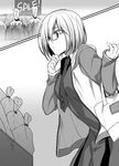  absurdres bag breasts eggplant fate/grand_order fate_(series) glasses greyscale highres hood hooded_jacket jacket mash_kyrielight medium_breasts monochrome necktie nina_(pastime) short_hair solo yamoge 