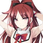  absurdres arms_behind_head bad_id bad_pixiv_id black_ribbon bow bowtie brown_eyes hair_ribbon hands_in_hair highres long_hair looking_at_viewer mahou_shoujo_madoka_magica misteor mitakihara_school_uniform red_bow red_hair red_neckwear ribbon sakura_kyouko school_uniform simple_background smile solo upper_body very_long_hair white_background 