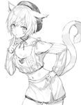  animal_ears arm_up armpits bangs bare_shoulders breasts buttons cat_ears cat_girl cat_tail chestnut_mouth cleavage cleavage_cutout collarbone commentary_request contrapposto cowboy_shot crop_top ear_piercing facial_mark final_fantasy final_fantasy_xiv finger_to_mouth furrowed_eyebrows greyscale groin hand_on_hip hat heart_cutout highres index_finger_raised jewelry layered_clothing layered_skirt leaning_forward legs_apart long_sleeves looking_at_viewer medium_breasts midriff miqo'te momoko_(momopoco) monochrome navel neck_ribbon off_shoulder open_mouth parted_bangs piercing pleated_skirt ribbed_sweater ribbon ring short_hair shushing side_slit simple_background sketch skirt sleeves_past_wrists slit_pupils solo standing stomach sweater tail thighs work_in_progress 