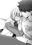  1boy 1girl :d absurdres blush breasts casual commentary_request extra_attack_shirt fate/grand_order fate_(series) fujimaru_ritsuka_(male) glasses greyscale highres hood hooded_jacket hug jacket mash_kyrielight md5_mismatch medium_breasts monochrome necktie nina_(pastime) open_mouth shirt short_hair smile sweatdrop t-shirt yamoge 