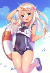  :d arm_up ass_visible_through_thighs bare_legs blue_eyes blue_sky blush bracelet breasts covered_navel flower hair_flower hair_ornament jewelry kantai_collection leg_up lifebuoy long_hair old_school_swimsuit one-piece_swimsuit open_mouth ro-500_(kantai_collection) sailor_collar sailor_shirt sandals school_swimsuit shiny shiny_clothes shirt shouni_(sato3) sky sleeveless sleeveless_shirt slippers small_breasts smile solo standing standing_on_one_leg swimsuit swimsuit_under_clothes tan tanline thigh_gap white_hair 