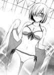  absurdres ass_visible_through_thighs bikini blush breasts cleavage fate/grand_order fate_(series) glasses greyscale hair_over_one_eye highres mash_kyrielight monochrome navel nina_(pastime) short_hair solo swimsuit towel yamoge 