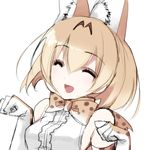  absurdres animal_ears armpit_crease bad_id bad_pixiv_id bangs bare_shoulders blonde_hair bow bowtie breasts claw_pose closed_eyes detached_sleeves dress eyebrows_visible_through_hair hair_between_eyes hands_up highres kemono_friends misteor open_mouth serval_(kemono_friends) short_hair sketch small_breasts smile solo white_background white_dress 