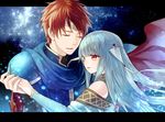  1girl bare_shoulders blue_cape blue_hair cape closed_eyes couple dancing eliwood_(fire_emblem) fire_emblem fire_emblem:_rekka_no_ken hetero kiyuu mamkute ninian pauldrons red_eyes red_hair smile 