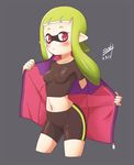  1girl bike_shorts blush breasts domino_mask green_hair hips inkling jacket looking_at_viewer midriff navel pointy_ears red_eyes shirt small_breasts solo splatoon splatoon_2 tentacle_hair undressing 