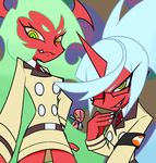  bad_id bad_pixiv_id blue_hair demon_girl fang fastener_(psg) glasses green_eyes green_hair horns kneesocks_(psg) multiple_girls neichii official_style panty_&amp;_stocking_with_garterbelt ponytail red_skin scanty_(psg) yellow_eyes 