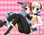  bad_id bad_pixiv_id bare_shoulders black_legwear blonde_hair blue_eyes blue_footwear blush boots breasts cable cleavage fuuro_(pokemon) gloves headphones kamitsure_(pokemon) lying medium_breasts minidraco multiple_girls pantyhose pokemon pokemon_(game) pokemon_bw red_hair short_hair side_ponytail smile 