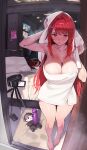 1girl absurdres after_bathing bare_legs bed bed_sheet bedroom blush bouncing_breasts breasts camcorder character_doll cleavage commander_(nikke) dildo goddess_of_victory:_nikke highres large_breasts long_hair looking_at_viewer lukapia monitor naked_towel open_door pillow rapi_(classic_vacation)_(nikke) rapi_(nikke) rapi_(red_hood)_(nikke) red_eyes red_hair sex sex_toy solo standing towel towel_on_head video_camera wet 