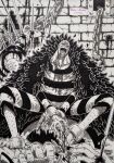  3boys artist_name black_coat black_hair blonde_hair blood blood_on_face blood_on_hands chain coat cuffs donquixote_doflamingo earrings english_commentary handcuffs highres indoors injury jewelry leg_hair male_focus mas_ricky_acong_subroto monochrome multiple_boys one_piece open_mouth prison prison_cell prison_clothes scar scar_on_face short_hair sitting sitting_on_person smile sunglasses teeth thread 