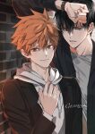  2boys arm_up black_hair black_jacket closed_mouth gearous grey_eyes haikyuu!! hair_between_eyes highres hinata_shouyou hood hood_down hoodie jacket kageyama_tobio long_sleeves looking_at_viewer male_focus multiple_boys open_clothes open_jacket orange_eyes orange_hair parted_lips shirt short_hair smile upper_body watch white_hoodie white_shirt wristwatch yaoi 