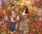  1boy 1girl animal artimaking black_hair brown_hair cat dress flower flower_pot full_body gardening gardening_shears glasses green_shirt greenhouse hanging_lantern hanging_light hanging_plant highres holding holding_flower indoors lamp loaded_interior long_dress long_hair long_sleeves original pants pink_flower plant potted_plant red_flower red_rose rose shirt shoes smile standing sunflower table vase window yellow_flower 