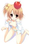  :p apple bad_id bad_pixiv_id barefoot blush breasts brown_eyes brown_hair dream_c_club dream_c_club_(series) feet food fruit hair_cubes hair_ornament highres karory looking_up navel nipples object_on_head open_clothes open_shirt panties setsu_(dream_c_club) shirt side_ponytail sitting small_breasts solo striped striped_panties tongue tongue_out underwear wariza white_shirt 