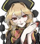  1girl black_dress blonde_hair dalachi_(headdress) dress fangs fingernails hair_between_eyes hand_up haniwa_kue junko_(touhou) own_hands_clasped own_hands_together portrait red_eyes red_nails ribbon sharp_fingernails smile solo tabard touhou white_background 