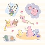  butterfree caterpie clefairy diglett eevee highres no_humans oddish outline pikachu poke_ball_symbol pokemon pokemon_(creature) psyduck red_eyes rio_(rio0v0o) shellder slowbro star_(symbol) stuffed_animal stuffed_toy twitter_username yellow_outline 