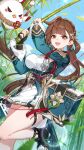  1girl absurdres ankle_belt ankle_strap aqua_dress black_boots black_gloves blue_sky boots brown_hair china_dress chinese_clothes cloud dress fingerless_gloves gloves highres holding holding_umbrella honkai_(series) honkai_impact_3rd li_sushang li_sushang_(peregrine_sword) long_hair long_sleeves official_alternate_costume official_art open_mouth outdoors single_glove sky smile solo standing standing_on_one_leg teeth thigh_strap umbrella upper_teeth_only 