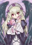  black_wings dress flower frills hairband highres long_hair meru_(ren-meru) pink_eyes purple_flower purple_rose rose rozen_maiden solo stuffed_animal stuffed_toy stuffing suigintou teddy_bear white_hair wings 