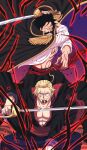  2boys absurdres black_coat black_kimono blonde_hair coat commentary_request epaulettes facial_hair glasses gol_d._roger highres holding holding_sword holding_weapon incoming_attack japanese_clothes kimono male_focus multiple_boys musasabiop mustache one_piece red_sash sash scar scar_across_eye scar_on_face shirt silvers_rayleigh smile sword weapon white_shirt 