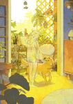  1girl 1other art_brush artist_name canvas_(object) carpet chair dog english_commentary eniddin fern ghost highres lamp original paint paintbrush petting plant potted_plant see-through_body sunlight towel 