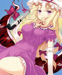  blonde_hair blush bow dress elbow_gloves gap gloves hair_bow hat komone_ushio long_hair looking_at_viewer parasol purple_eyes smile solo touhou umbrella white_gloves yakumo_yukari 