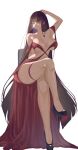  1girl arm_up black_shoes breasts brown_hair chair cleavage dress expressionless green_eyes hand_in_own_hair high_heels highres large_breasts long_dress long_hair original red_dress s7nsles shoes sitting underboob very_long_hair white_background 