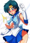  back_bow bishoujo_senshi_sailor_moon blue_choker blue_eyes blue_hair blue_sailor_collar blue_skirt blush bow breasts choker earrings elbow_gloves gloves jewelry large_breasts magical_girl mizuno_ami sailor_collar sailor_mercury sailor_senshi_uniform short_hair skirt solo sunahara_wataru tiara torn_clothes white_gloves 