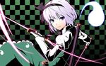  black_hairband checkered checkered_background dual_wielding gayprince ghost hairband highres holding katana konpaku_youmu konpaku_youmu_(ghost) short_hair silver_hair solo sword touhou weapon 