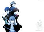  3boys absurdres artbook female_protagonist_(persona_3) headphones highres kanzato_shin multiple_boys narukami_yuu persona persona_3 persona_3_portable persona_4 persona_trinity_soul scan school_uniform soejima_shigenori yuuki_makoto 