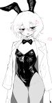  1girl absurdres animal_ears blush borrowed_character bow bowtie breasts detached_collar hair_ornament hairclip highres lab_coat medium_hair messy_hair mk2s_re original pantyhose playboy_bunny rabbit_ears simple_background small_breasts spot_color useless_science_club_senpai_(yasashii_naizou) white_background 