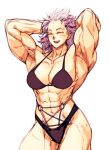  1girl abs armpits arms_behind_head bikini black_bikini breasts cleavage closed_eyes dorohedoro highres large_breasts long_hair looking_to_the_side muscular muscular_female noi_(dorohedoro) smile solo swimsuit thick_thighs thighs white_background white_hair zero_setsu 