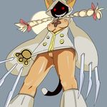  blazblue bottomless breasts claws clothing female grin half-dressed hood looking_at_viewer nipples open_shirt pussy red_eyes shirt taokaka unknown_artist upskirt 