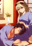  1boy 1girl akane_kazami black_hair blonde_hair braid calligraphy_scroll closed_eyes crown_braid eiyuu_densetsu elaine_auclair green_eyes hair_between_eyes hair_slicked_back highres indoors japanese_clothes kimono kuro_no_kiseki_(series) lap_pillow long_hair long_sidelocks multicolored_hair parted_bangs pixiv_username short_hair sidelocks sleeping smile swept_bangs twitter_username two-tone_hair van_arkride vase yukata 
