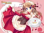  artist_request beamed_eighth_notes blue_eyes breasts brown_hair cake character_request coming_x_humming copyright_name detached_collar flat_sign food fruit highres large_breasts maid musical_note plate sixteenth_note slice_of_cake solo source_request strawberry tray treble_clef 