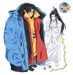  1girl 2boys black_coat black_hair black_shoes blue_coat blush bujang chinese_clothes chu_wanning closed_mouth coat crossed_arms erha_he_tadebai_mao_shizun frown full_body hands_in_pockets hanfu heart heart-shaped_eyes high_ponytail holding holding_whip korean_commentary long_hair long_sleeves looking_ahead looking_at_another male_focus mo_ran multiple_boys muscular muscular_male ponytail purple_eyes red_coat shoes speech_bubble standing sweat tapping_foot thought_bubble white_coat white_hanfu white_shoes wide_sleeves xiao_guan_(headdress) yellow_eyes 