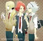  afuro_terumi ayuyu_(baby) bag blonde_hair cellphone earphones food hair_ornament hairband hairclip ice_cream inazuma_eleven inazuma_eleven_(series) jewelry keychain multiple_boys nagumo_haruya phone ponytail red_hair school_uniform short_hair suzuno_fuusuke white_hair 