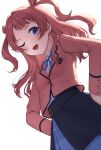  1girl absurdres asigaru3000 blue_eyes blue_overskirt blue_ribbon blue_skirt brown_hair cropped_jacket gakuen_idolmaster hair_intakes hanami_saki hands_on_own_hips hatsuboshi_gakuen_school_uniform highres idolmaster jacket long_hair long_sleeves neck_ribbon one_eye_closed open_mouth overskirt pink_jacket ribbon school_uniform shirt simple_background skirt solo two_side_up white_background white_shirt 