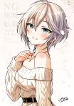  1girl absurdres anastasia_(idolmaster) bare_shoulders belt_buckle blue_eyes blush breasts buckle cleavage earrings grey_hair hair_between_eyes highres idolmaster idolmaster_cinderella_girls jewelry looking_at_viewer medium_breasts necklace off-shoulder_sweater off_shoulder popon_ta ribbed_sweater short_hair smile solo sweater watermark white_sweater 