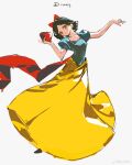  1girl absurdres apple black_hair blue_dress bow chinese_commentary commentary company_name dress food fruit full_body hair_bow hands_up highres holding holding_food holding_fruit puffy_short_sleeves puffy_sleeves pukiko99 red_bow short_hair short_sleeves simple_background snow_white_(disney) snow_white_and_the_seven_dwarfs solo two-tone_dress white_background yellow_dress 