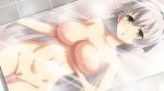  1girl ao_no_kiseki breast_hold breasts clitoris collarbone cowboy_shot dutch_angle eiyuu_densetsu eiyuu_densetsu:_sen_no_kiseki elie_macdowell green_eyes hairband highres hou_(hachiyou) large_breasts long_hair mirror naked navel nipples nude open_mouth pubic_hair pussy reflection silver_hair solo uncensored wallpaper zero_no_kiseki 