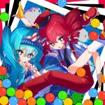  2girls abstract_background album_cover_redraw black_necktie blue_dress blue_eyes blue_hair closed_mouth collared_shirt commentary derivative_work dress drill_hair gloves hat hatsune_miku kasane_teto long_hair mesmerizer_(vocaloid) multiple_girls necktie open_mouth pants pink_eyes pink_hair pink_hat pink_pants pinstripe_dress pinstripe_pattern puffy_short_sleeves puffy_sleeves shirt short_sleeves smile sparkling_eyes striped_clothes striped_shirt su_dong_huo_ji suspenders symbol-only_commentary twin_drills twintails utau very_long_hair vocaloid yellow_gloves 