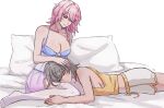  2girls absurdres aimokok artist_name babydoll bare_arms blue_babydoll blue_eyes breasts cleavage closed_eyes closed_mouth commentary dolphin_shorts english_commentary grey_hair hand_on_another&#039;s_head highres honkai:_star_rail honkai_(series) lap_pillow long_hair march_7th_(honkai:_star_rail) multiple_girls pillow pink_hair pink_nails shorts sideboob simple_background smile stelle_(honkai:_star_rail) tank_top thighhighs trailblazer_(honkai:_star_rail) twitter_username white_background white_shorts white_thighhighs yellow_tank_top yuri 