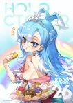  1girl absurdres adarin airani_iofifteen alternate_costume anya_melfissa ayunda_risu blue_eyes blue_hair breasts character_name cleavage commentary_request cookie_run dress earrings eating food highres hololive hololive_indonesia humanization jewelry kaela_kovalskia kobo_kanaeru kureiji_ollie long_hair looking_at_viewer medium_breasts moona_hoshinova multicolored_hair pavolia_reine solo thai_commentary tiara vestia_zeta virtual_youtuber white_hair 