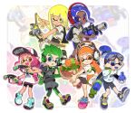  .96_gal_(splatoon) 3boys 3girls :d aviator_goggles baseball_cap bike_shorts black_leggings black_shorts blonde_hair blue_eyes blue_hair blue_outline blue_shoes blue_tongue blunt_bangs blush_stickers braid burst_bomb_(splatoon) colored_tongue dark-skinned_male dark_skin dot_nose drop_shadow dual_wielding eyebrow_cut fangs full_body goggles goggles_on_head green_hair grey_shirt grey_shorts gun hair_tie hat headphones hg_swdiary high_tops highres holding holding_gun holding_weapon ink_tank_(splatoon) inkling inkling_boy inkling_girl inkling_player_character layered_shirt leggings leggings_under_shorts long_hair looking_at_viewer medium_hair multiple_boys multiple_girls octoling octoling_boy octoling_player_character open_mouth orange_eyes orange_hair orange_outline orange_pupils outline parted_bangs pink_hair pink_shoes pointy_ears ponytail print_headwear print_shirt purple_hair purple_shoes purple_tongue red_eyes shirt shoes short_hair short_sleeves shorts simple_background single_blush_sticker single_braid smile smirk sneakers splat_dualies_(splatoon) splat_roller_(splatoon) splatoon_(series) splatoon_1 splatoon_2 splatoon_3 splattershot_(splatoon) standing standing_on_one_leg teeth tentacle_hair thick_eyebrows torn_clothes torn_shirt tri-stringer_(splatoon) twintails weapon white_background white_shirt yellow_eyes yellow_shirt yellow_shoes 