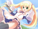  blonde_hair cup emurin garter_straps green_eyes maid open_mouth original pot solo thighhighs tray twintails 