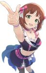  1girl absurdres amami_haruka armband armpits asymmetrical_legwear bare_shoulders belt black_skirt black_thighhighs blue_overskirt blue_socks breasts brown_hair choker collarbone commentary cowboy_shot cropped_shirt dot_nose from_above green_eyes hair_ribbon highres idolmaster idolmaster_(classic) idolmaster_million_live! idolmaster_million_live!_theater_days index_finger_raised looking_at_viewer medium_breasts midriff miniskirt navel open_mouth pink_armband pink_belt pink_choker pink_ribbon ribbon shirt short_hair shuucream_(syuichi) simple_background skirt sleeveless sleeveless_shirt smile socks solo sparkle standing star_(symbol) star_choker thighhighs two-tone_shirt white_background wristband 