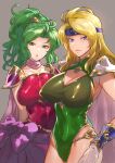  2girls armor blonde_hair blue_eyes breasts cape celes_chere closed_mouth dress final_fantasy final_fantasy_vi green_eyes green_hair green_leotard hamushima headband highres large_breasts leotard lips long_hair looking_at_viewer multiple_girls open_mouth ponytail terra_branford 