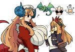  2girls ? breasts dragon_maid_(murgoten) equal_sign hat highres huge_breasts looking_at_another looking_at_breasts looking_at_viewer mob_cap multiple_girls murgoten original plus_sign spiral_horn 
